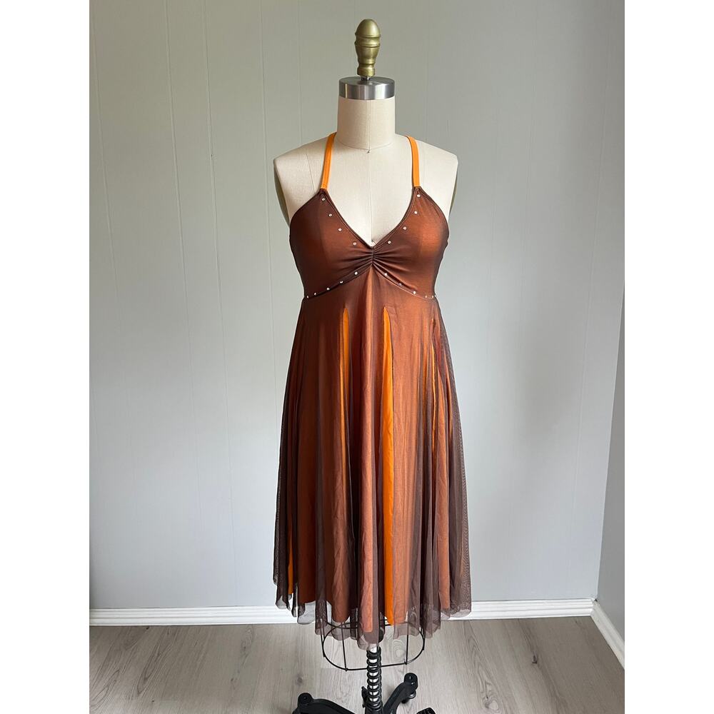 Art Stone Orange Brown Strappy Dance‎ Dress Small Mesh Sheer Fairy Y2K Rave